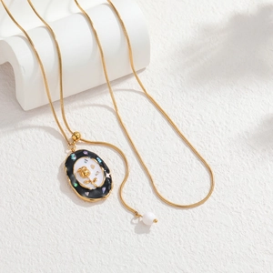 Set collana vintage francese con fiori in acciaio al titanio oro e smalto nero