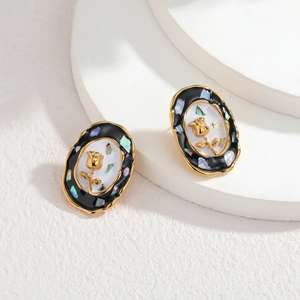 Orecchini ovali in acciaio inossidabile 18k vintage con rosa 3D e intarsi in conchiglia