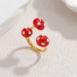 Adjustable 18k gold plated stainless steel ring with three red dotted mushroom motifs