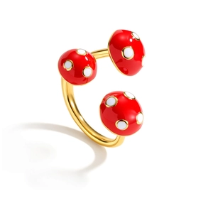 18k gold plated stainless steel open ring with red mushroom enamel design for women