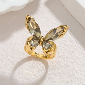 18k gold plated stainless steel butterfly ring with smokey quartz stones for women
