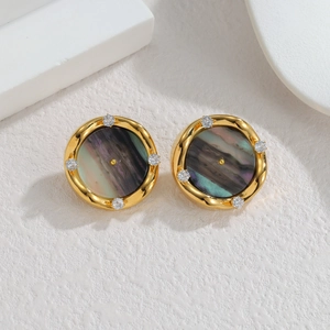 18K gold-plated stainless steel round earrings with black shell and zircon accents