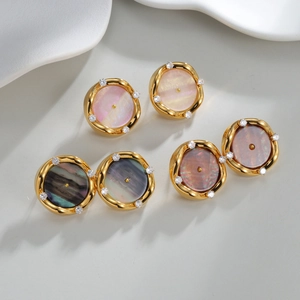 French vintage round shell earrings with gold metal frame and small crystal accents