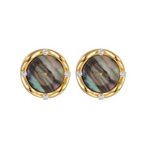 French vintage round stud earrings with gray shell and sparkling zircon crystals