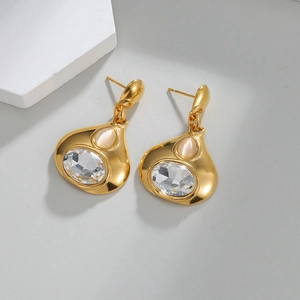 Boucles d'oreilles vintage en acier doré 18k avec zircon et pierre oeil de chat élégante