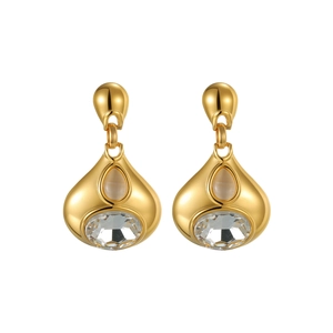 Boucles d'oreilles goutte dorées avec zircon et incrustation d'oeil-de-chat