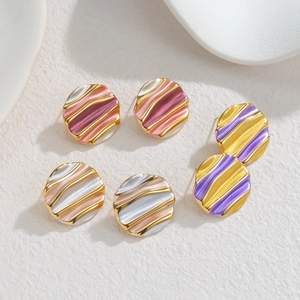 Three pairs of irregular wavy gold-plated stud earrings with striped enamel patterns