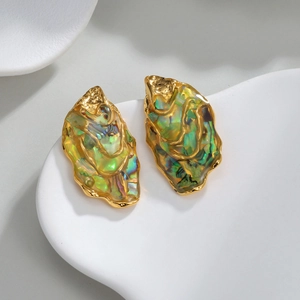Artistic 18k gold plated stainless steel earrings with irregular abalone shell inlay