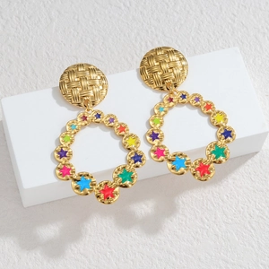 18K gold plated hollow earrings with colorful enamel star charms and woven texture