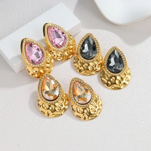 18k gold plated stainless steel teardrop crystal earrings with textured hammered finish
