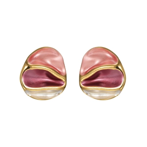 Irregular 18k gold oval earrings with multicolor enamel inlay on white background