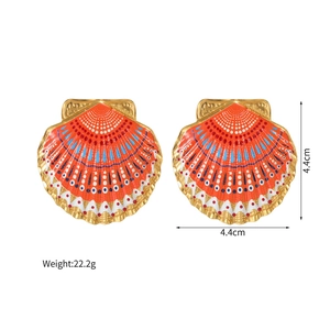 Detail view of colorful shell earrings with enamel patterns and size 4.4cm measurements