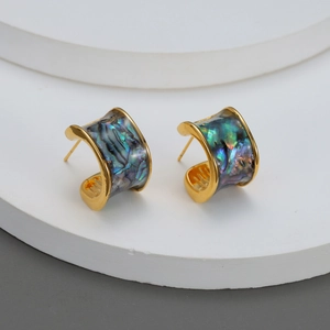 Boucles D'oreilles Créoles En Forme De C Acier Inoxydable Plaqué Or 18K Incrustation Coquille Irisée Bijoux Chic