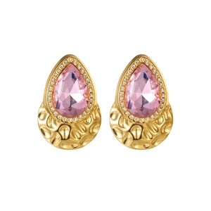 Vintage gold teardrop earrings with pink pear-cut crystals and hammer texture finish