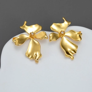 Irregular Flower Earrings Stainless Steel With Zircon Center Gold Plated Matte Textured Elegant Fashion Jewelry For Women