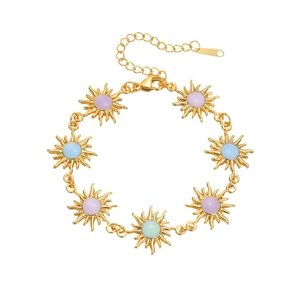 Goldenes Edelstahl-Sonnenblumenarmband mit lila und blauen Perlen und 18k Vergoldung