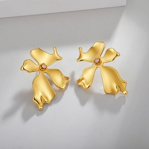 Minimalist 18k gold plated irregular flower stud earrings with center zircon stone