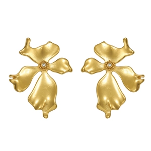 Chic 18K gold plated asymmetric flower earrings with matte finish and zircon center