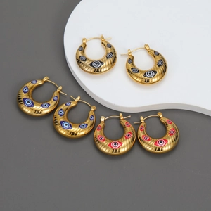 Boucles D'oreilles Créoles Evil Eye Acier Inoxydable Plaqué Or 18K Texturé Forme U Émail Boho Bijoux Femmes Inoxydable