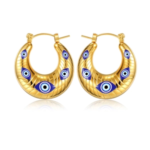 Boucles d'oreilles en acier inoxydable doré en forme de U avec motif œil bleu et rayures