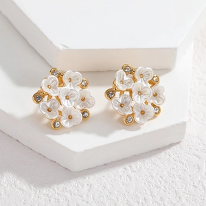 18k gold plated stainless steel floral cluster stud earrings with white resin petals
