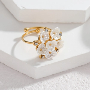 18k gold plated stainless steel flower ring with sparkling crystals and adjustable band