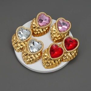 Vintage Heart Stud Earrings Hammered Stainless Steel 18K Gold Plated Large Crystal Rhinestone For Women Luxury Exaggerated