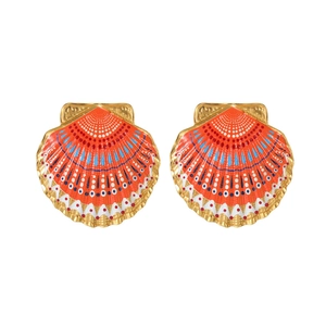 Bohemian orange shell earrings with colorful enamel and gold-plated stainless steel finish