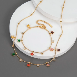 Star Pendant Necklace And Bracelet Colorful Zircon Stainless Steel 18K Gold Plated Fashion Jewelry For Women