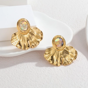 18k gold plated stainless steel ginkgo leaf earrings with iridescent oval shell inlay