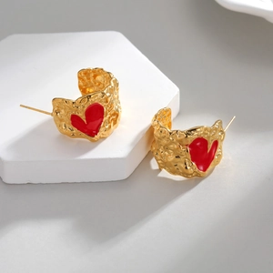 18k gold plated heart studs with lava texture and red enamel in stainless steel