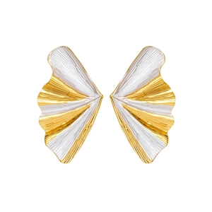 Minimalist 18k gold plated fan-shaped earrings with white pleated texture detail