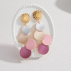 Elegant 18k gold sunflower earrings with tiered multi-colored geometric round discs