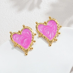 French vintage style 18k gold plated heart stud earrings with pink marble enamel