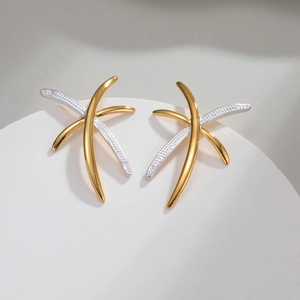Elegant 18k gold plated stainless steel X-shape earrings with two-tone finish