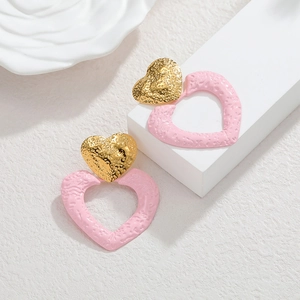 Chic 18k gold textured metal heart earrings with hanging pink hollow heart drops