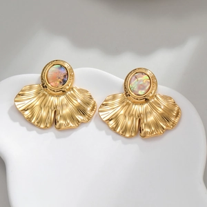 18K gold plated ginkgo leaf earrings with iridescent mother of pearl inlays
