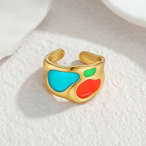 Artistic 18k gold plated stainless steel open ring with colorful enamel inlay
