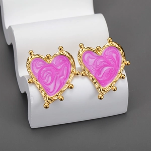 Heart Stud Earrings Stainless Steel Gold Plated Pink Marble Enamel Vintage Retro Style Jewelry For Women