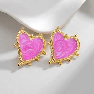 Pink marble heart stud earrings with golden textured metal frame in a 18k minimalist style