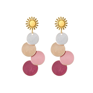 Bohemian gold sun stud earrings with multi-colored stacked geometric metal discs