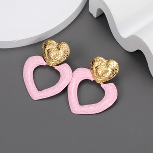 Hollow Heart Drop Earrings Stainless Steel 18K Gold Plated Pink Enamel Hammered Texture Elegant Ins Style Jewelry Women