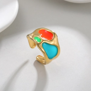 Artistic 18k gold plated open ring with colorful enamel inlay in wavy geometric style