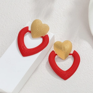 18k gold textured stainless steel heart dangle earrings with red and gold finish