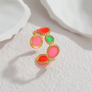 Chic 18k gold plated stainless steel open ring with colorful neon enamel circles