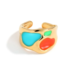 Abstract 18k gold plated open ring with colorful enamel inlay in green, blue and orange