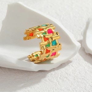 Adjustable 18k gold plated braided texture ring with colorful enamel inlay on stone