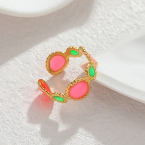 Retro 18k gold plated stainless steel open ring with pink and green enamel circles