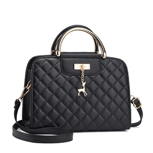 Quilted Rhombus PU Leather Handbag With Gold Metal Handle And Deer Pendant Women Trendy Crossbody Shoulder Bag