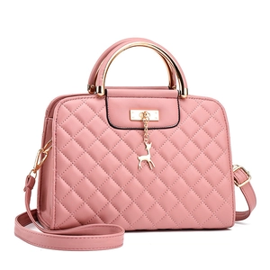 Elegant pink quilted PU leather handbag with gold deer charm and chain handle strap